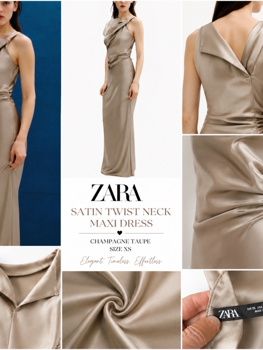 ZARA Champagne Taupe Satin Twist-Neck Maxi Dress